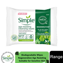 Load image into Gallery viewer, Simple Regeneration Age Resisting Cleansing Wipes, 3pk or 6pk of 20 Wipes
