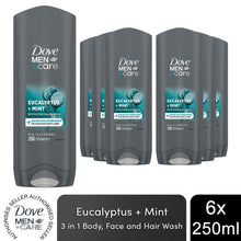 Load image into Gallery viewer, Dove Men+Care 3 in 1 Body, Face &amp; Hair Wash Eucalyptus + Mint 250ml, 6 Pack