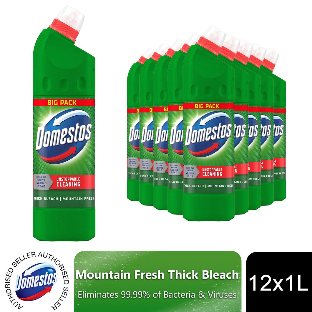Domestos Thick Bleach Mountain Fresh Powerful Toilet & Bathroom Cleaner 1L, 12pk