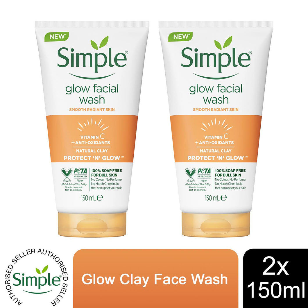 2 Pack of 150ml, Simple Protect & Glow Express Glow Clay Polish Face Wash