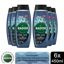 Load image into Gallery viewer, 6x Radox Mineral Therapy Feel Energised 2in1 Shower Gel &amp; Shampoo for Men, 450ml
