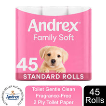 Load image into Gallery viewer, Andrex Gentle Clean Embossed Puppies on Roll 2 Ply Toilet Paper, 45 Or 90 Rolls