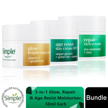 Load image into Gallery viewer, Simple 3-in-1 Glow, Repair &amp; Age Resist Moisturiser Bundle  - 50ml Each
