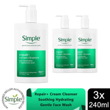 Load image into Gallery viewer, Simple Repair+ Replenish Cream Cleanser Nourishing Facial Cleanser with Ceramides &amp; Niacinamide, Gently Replenishes Skin 250ml, Pack of 3
