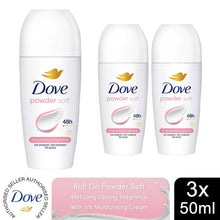 Load image into Gallery viewer, Dove Powder Soft Roll On Anti-Perspirant w/ 48H Long Lasting Fragrance 50ml, 3pk