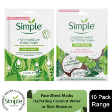 Load image into Gallery viewer, Simple Face Sheet Masks - Hydrating Coconut Water &amp; Rich Moisture, 10 Pack