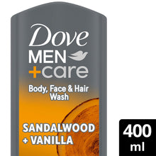Load image into Gallery viewer, Dove Men+Care 3 in 1 Body, Face &amp; Hair Wash Sandalwood + Vanilla 400ml, 3 Pack