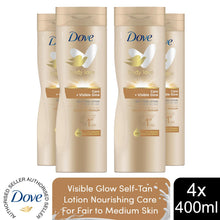 Load image into Gallery viewer, 4pk of 400ml Dove Visible Glow Self-Tan Lotion, Fair to Medium or Medium to Dark