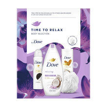 Load image into Gallery viewer, Dove Time to Relax Body Wash, Lotion Deo 3pcs Gift Set for Her with Shower Puff