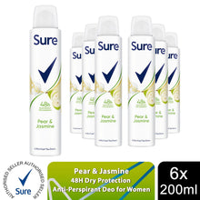 Load image into Gallery viewer, Sure Women Deodorant Spray Pear &amp; Jasmine with 48Hrs Protection 200ml, 6 Pack