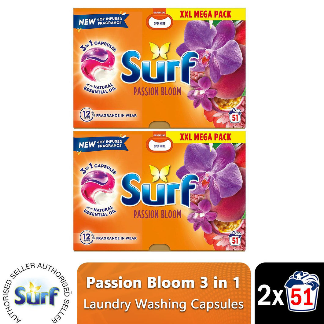 Surf 3 in 1 Laundry Washing Detergent Capsules Passion Bloom, 102 Washes