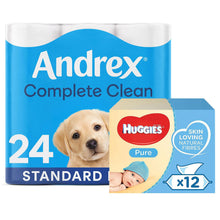 Load image into Gallery viewer, Andrex Toilet Paper Classic White, 24 Rolls &amp; Huggies Pure Baby Wipes, 12pk
