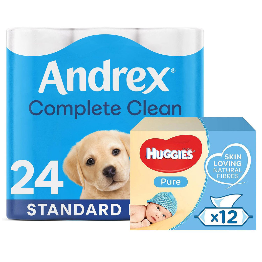 Andrex Toilet Paper Classic White, 24 Rolls & Huggies Pure Baby Wipes, 12pk