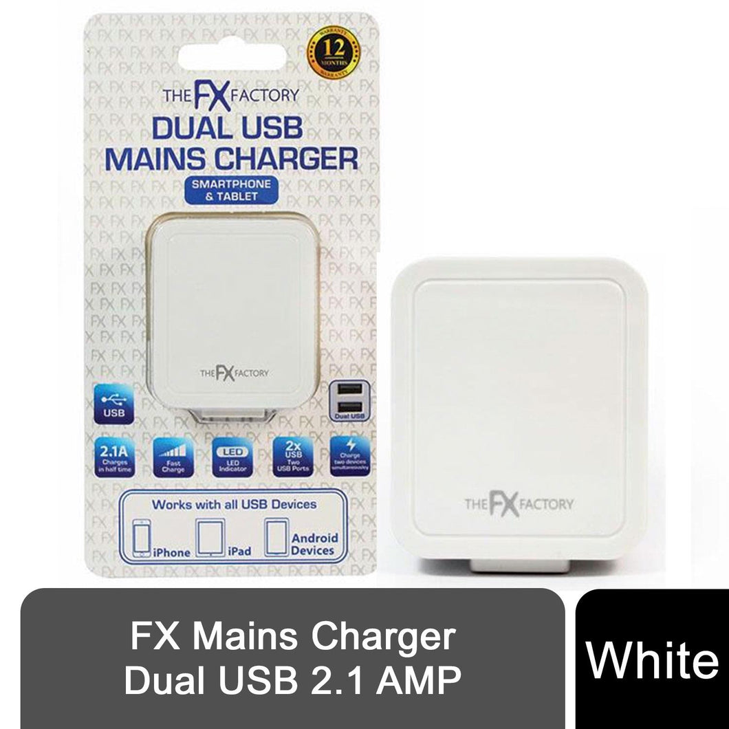 FX Powabud Mains 2 Port USB Or 3 Port USB Charger - 2.1Amp/3.1Amp[2Port USB 2.1Amp - White]