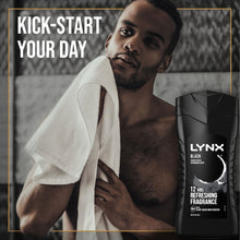 Load image into Gallery viewer, 12pk of 225ml Lynx 12H Refreshing Black Frozen Pear &amp; Cedarwood Scent Body wash