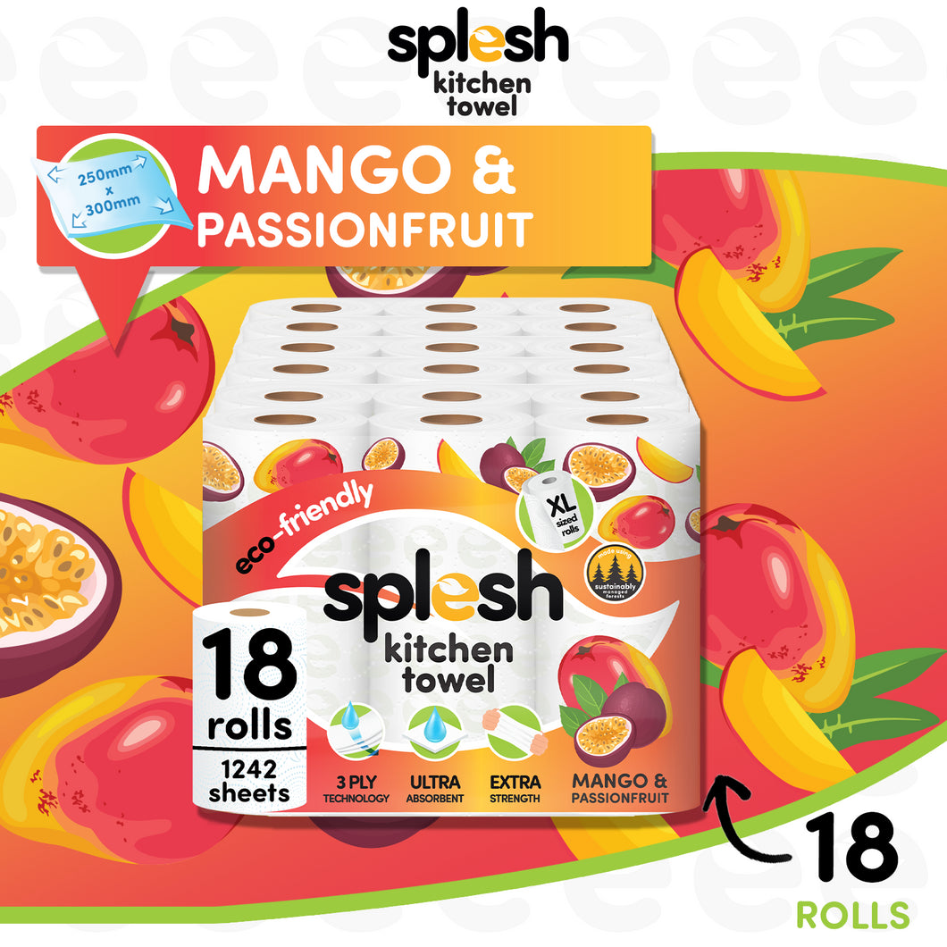 Splesh Mango & Passionfruit Kitchen Towel 3 Ply Ultra Absorbent XL Roll, 18 Rolls