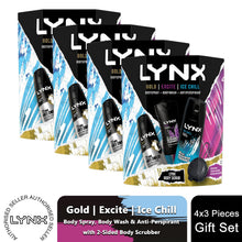 Load image into Gallery viewer, Lynx Gold, Excite &amp; Ice Chill Bath &amp; Body 3Pcs Gift Set for Him w/ Body Scrubber