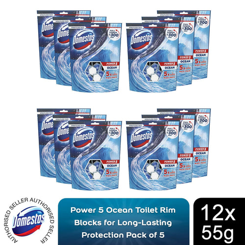 12x Domestos Power5 Ocean ToiletRimBlocks for LongLasting Protection 55g,Pk of 5