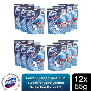 12x Domestos Power5 Ocean ToiletRimBlocks for LongLasting Protection 55g,Pk of 5
