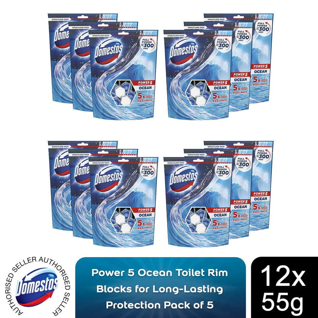 12x Domestos Power5 Ocean ToiletRimBlocks for LongLasting Protection 55g,Pk of 5