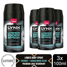 Load image into Gallery viewer, Lynx Lower Body Spray Coconut + Sandalwood 72Hrs of Freshness 100ml, 3 Pack