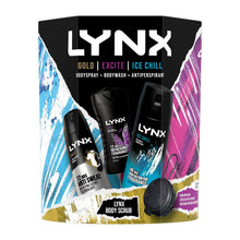 Load image into Gallery viewer, Lynx Gold, Excite &amp; Ice Chill Bath &amp; Body 3Pcs Gift Set for Him w/ Body Scrubber