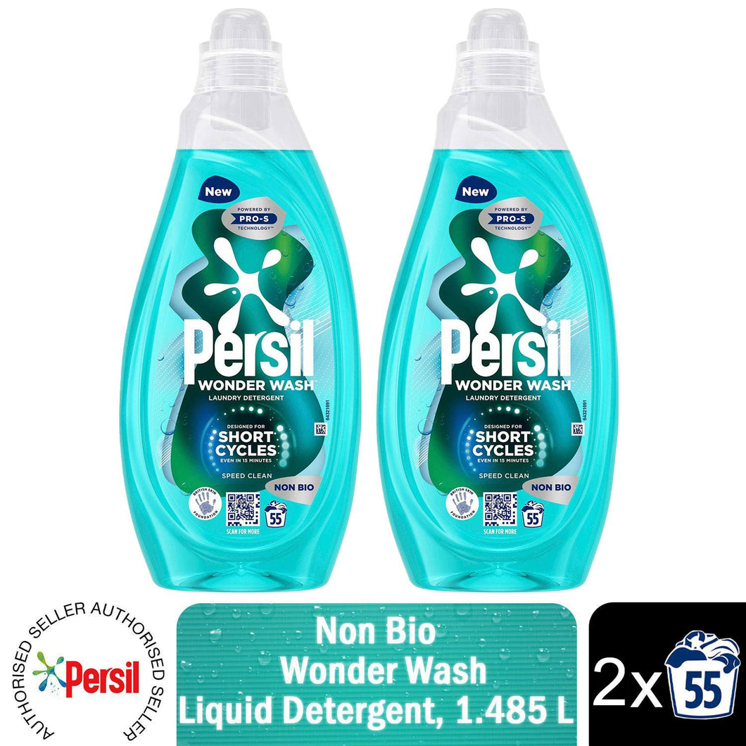 Persil Wonder Wash Liquid Laundry Detergent Non Bio Speed Clean 55W 1.485L, 2pk