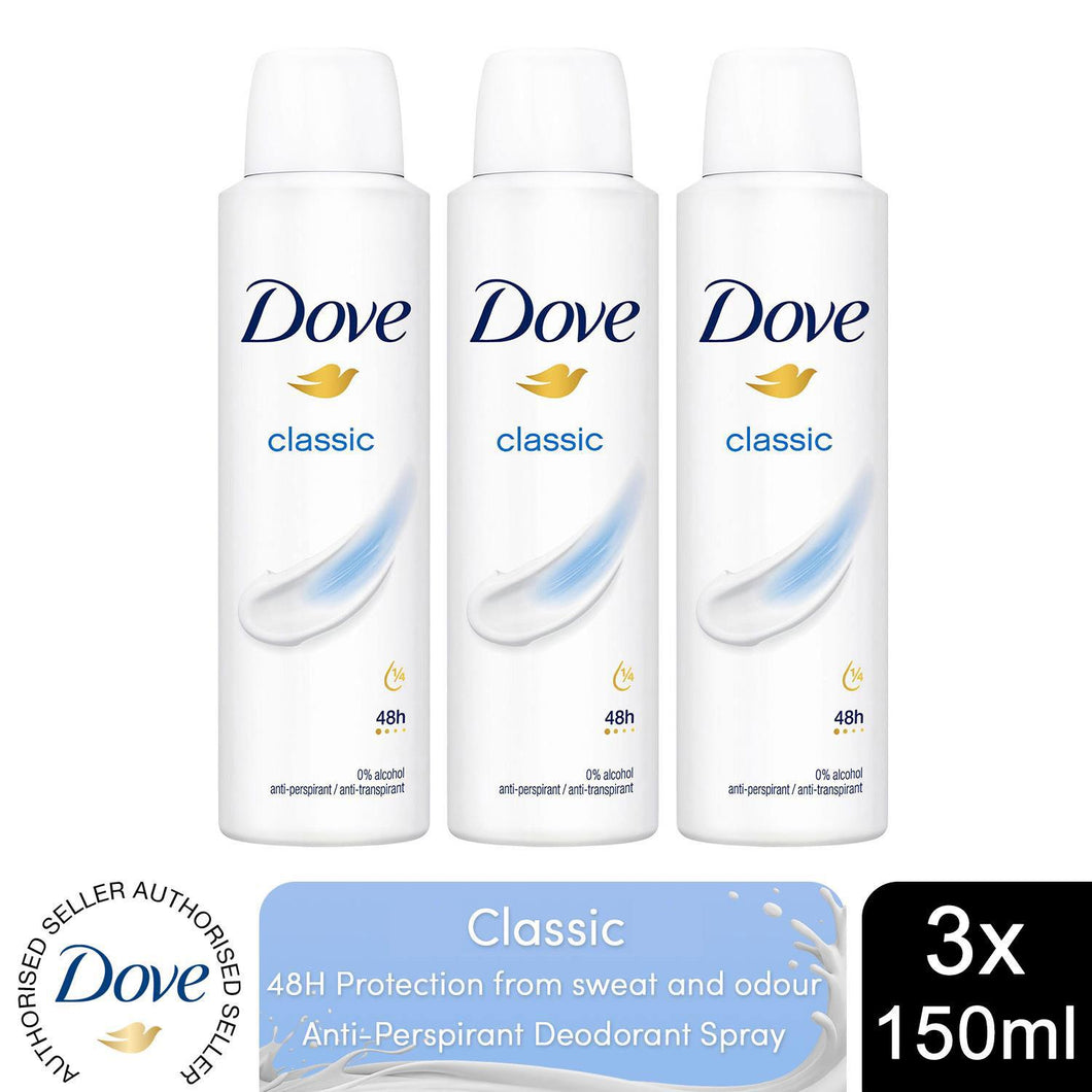 Dove Classic Anti-Perspirant with 48H Sweat Protection Deo for Women 150ml, 3pk