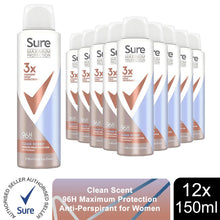 Load image into Gallery viewer, Sure Anti-Perspirant 96H Maximum Protection Deodorant Clean Scent 150ml, 12 Pack