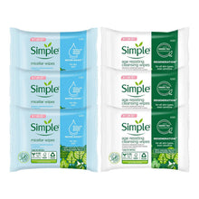 Load image into Gallery viewer, 3x Simple Regeneration Age-Resisting Cleansing Wipes + 3x Simple Biodegradable Micellar Wipes