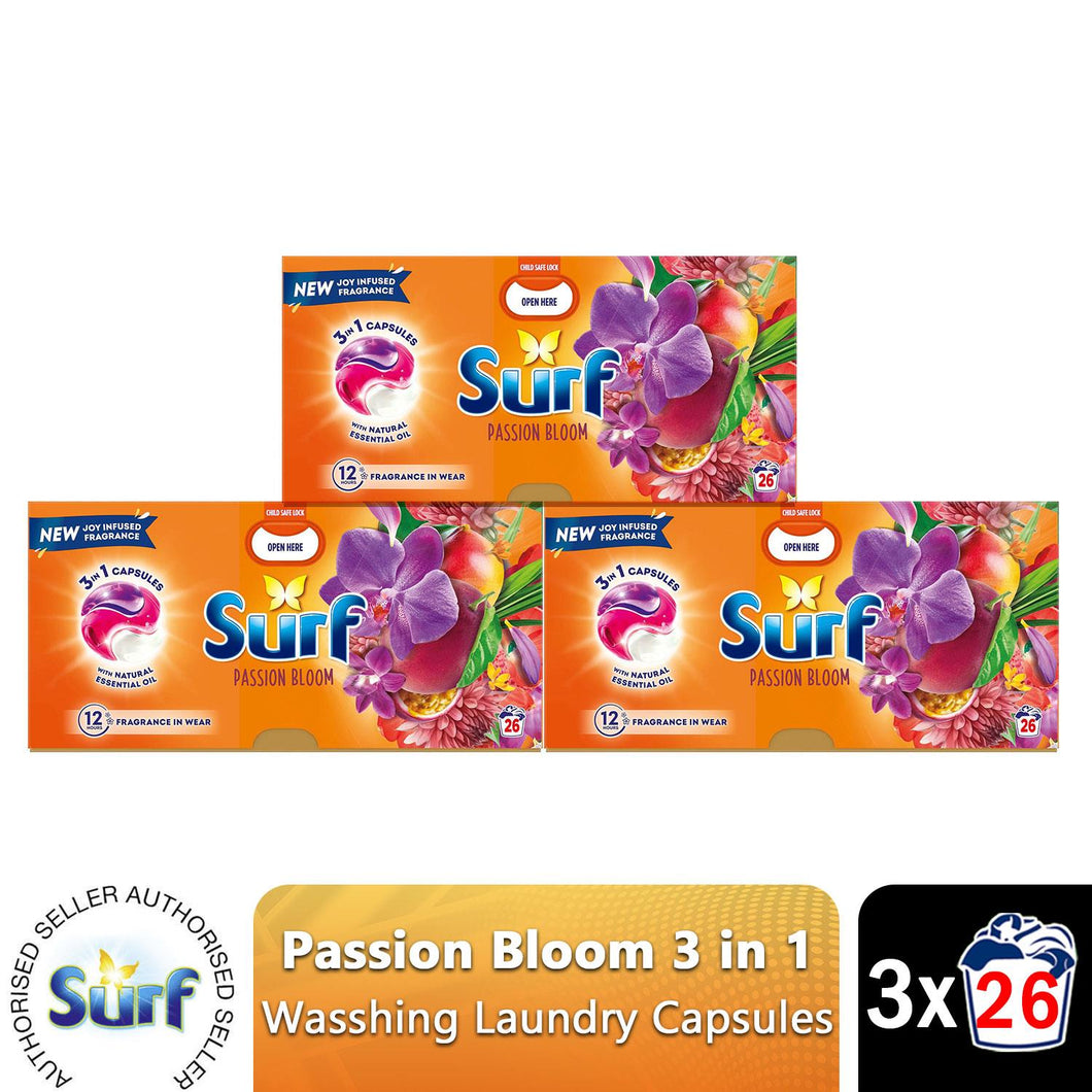 Surf 3 in 1 Laundry Washing Detergent Capsules Passion Bloom, 26 Washes, Pack of 3