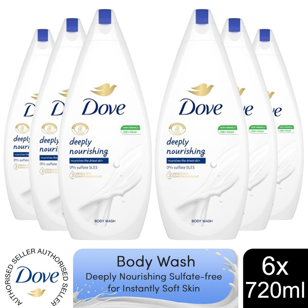 6pk of 720ml Dove Deeply Nourishing Skin Natural Moisturiser Body Wash