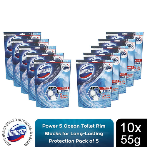 10x Domestos Power5 Ocean ToiletRimBlocks for LongLasting Protection 55g,Pk of 5