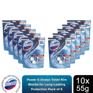 10x Domestos Power5 Ocean ToiletRimBlocks for LongLasting Protection 55g,Pk of 5