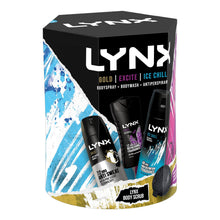Load image into Gallery viewer, Lynx Gold, Excite &amp; Ice Chill Bath &amp; Body 3Pcs Gift Set for Him w/ Body Scrubber