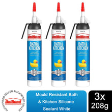 Load image into Gallery viewer, UniBond Mould Resistant Bath &amp; Kitchen Silicone Sealant White, 208g, 3pk