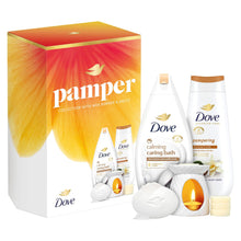 Load image into Gallery viewer, Dove Pamper Collection Gift Set, Body Wash, Bath Soak, Beauty Bar &amp; Wax Burner