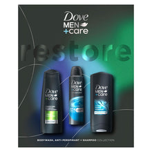 Load image into Gallery viewer, Dove Men+Care Restore Bodywash, Antiperspirant &amp; Shampoo Gift Set for Him