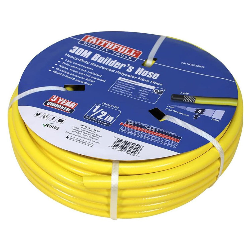 FAIHOSE30B12 Heavy-Duty Reinforced Builder's Hose 30m 12.5mm (1/2in) Diameter