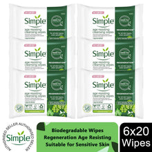 Load image into Gallery viewer, Simple Regeneration Age Resisting Cleansing Wipes, 3pk or 6pk of 20 Wipes
