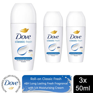 Dove Classic Fresh Roll On Anti-Perspirant Long Lasting Fragrance 50ml, 3 Pack