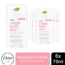 Load image into Gallery viewer, Dove Whole Body Deodorant Stick Long Lasting Fresh Raspberry &amp; Rose 75ml, 6 Pack