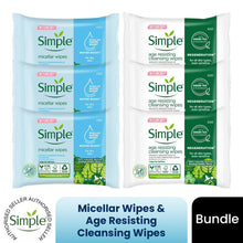 Load image into Gallery viewer, 3x Simple Regeneration Age-Resisting Cleansing Wipes + 3x Simple Biodegradable Micellar Wipes