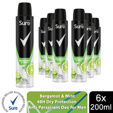Load image into Gallery viewer, Sure Men Deodorant Spray Bergamot &amp; Mint with 48Hrs Protection 200ml, 6 Pack