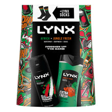 Load image into Gallery viewer, Lynx FRESHEN UP THE GAME Africa &amp; Jungle Fresh Duo Gift Set for Him with Socks