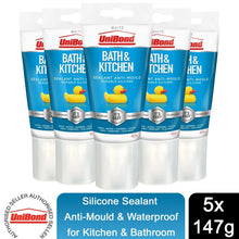 Load image into Gallery viewer, Unibond Silicone Sealant Anti-Mould &amp; Waterproof for Kitchen &amp; Bathroom, 147g 5 Pack