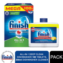 Load image into Gallery viewer, Finish All-in-1 Deep Clean Dishwasher Tablets, 100's + Dishwasher Cleaner, 250ml