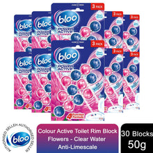 Load image into Gallery viewer, Bloo Power Active Toilet Rim Block Fresh Flowers Anti-Limescale 3 x 50g 10 packs