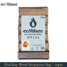 Load image into Gallery viewer, Ecoblaze Pini-Kay Wood 12 Briquettes 10Kg Bag for Wood Burners, Pizza Oven &amp; BBQ