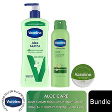 Load image into Gallery viewer, Vaseline Aloe Soothe Care Bundle Lotion 600ml, Spray 190ml &amp; Lip Therapy 20g Set
